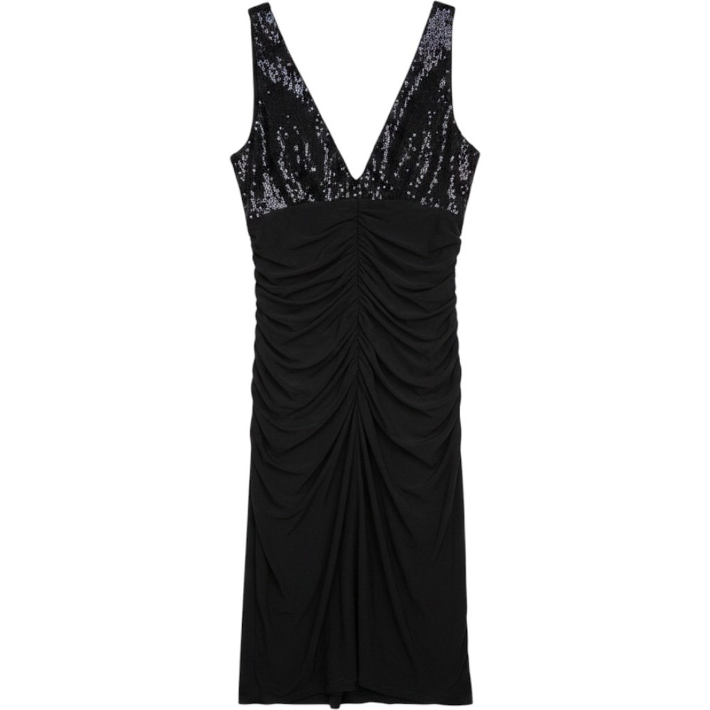 Black Sequin V-Neck Ruched Bodycon Cocktail Dress Sleeveless Evening Party Gown